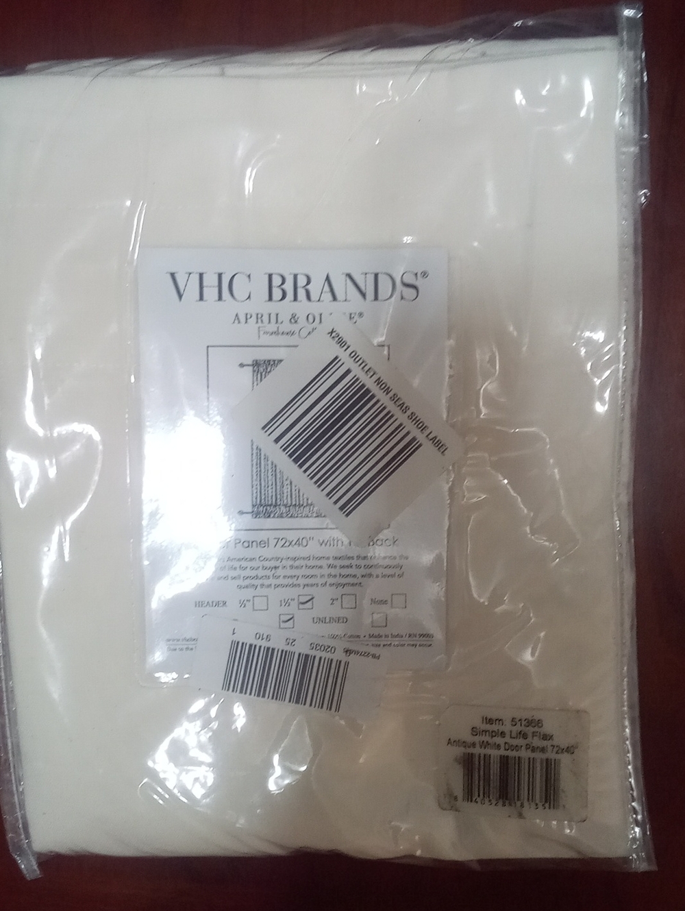 VHC Brands Antique White Door Panel With Tiebacks 72" NWT $65